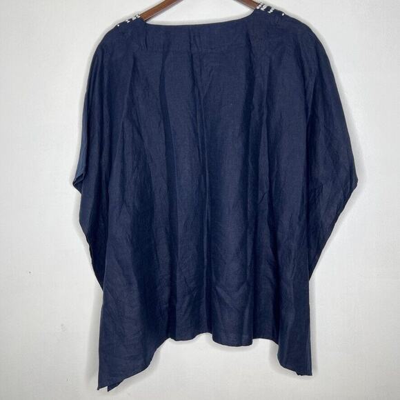 Talbots Navy Blue 100% Linen Embroidered Poncho V-neck Poncho Top L Women's - Picture 10 of 12